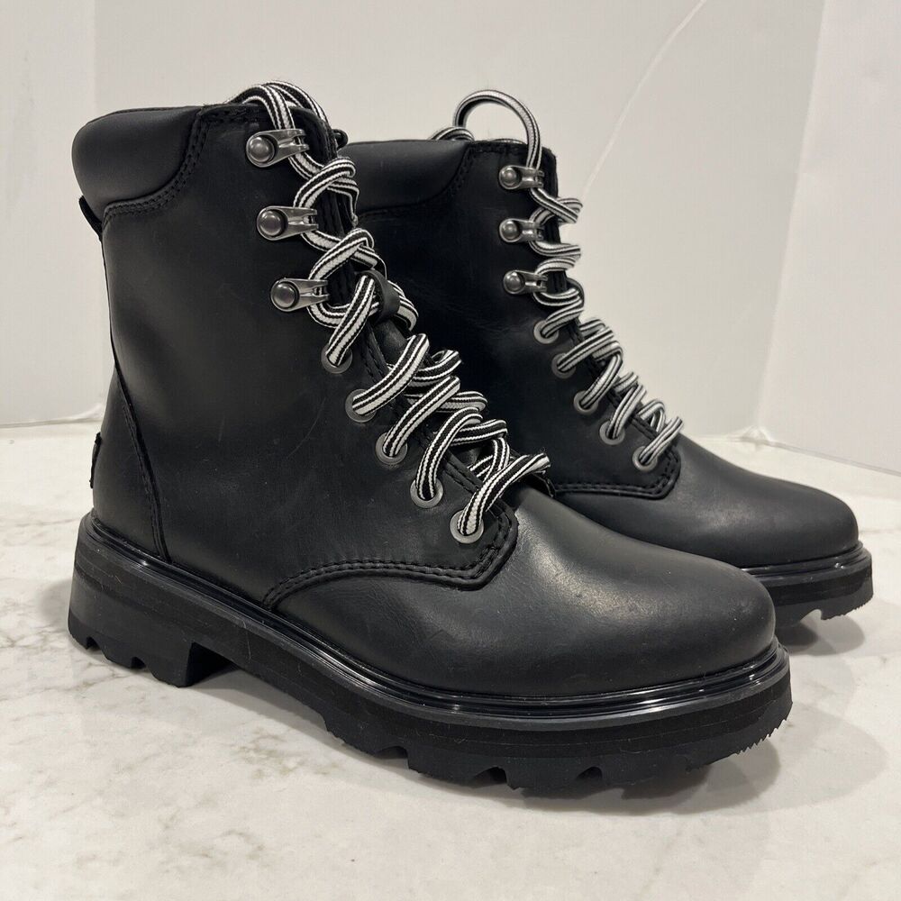 Sorel Womens 6 Lennox Lace STKD Waterproof Outdoor Boots Black / Sea Salt NWOB